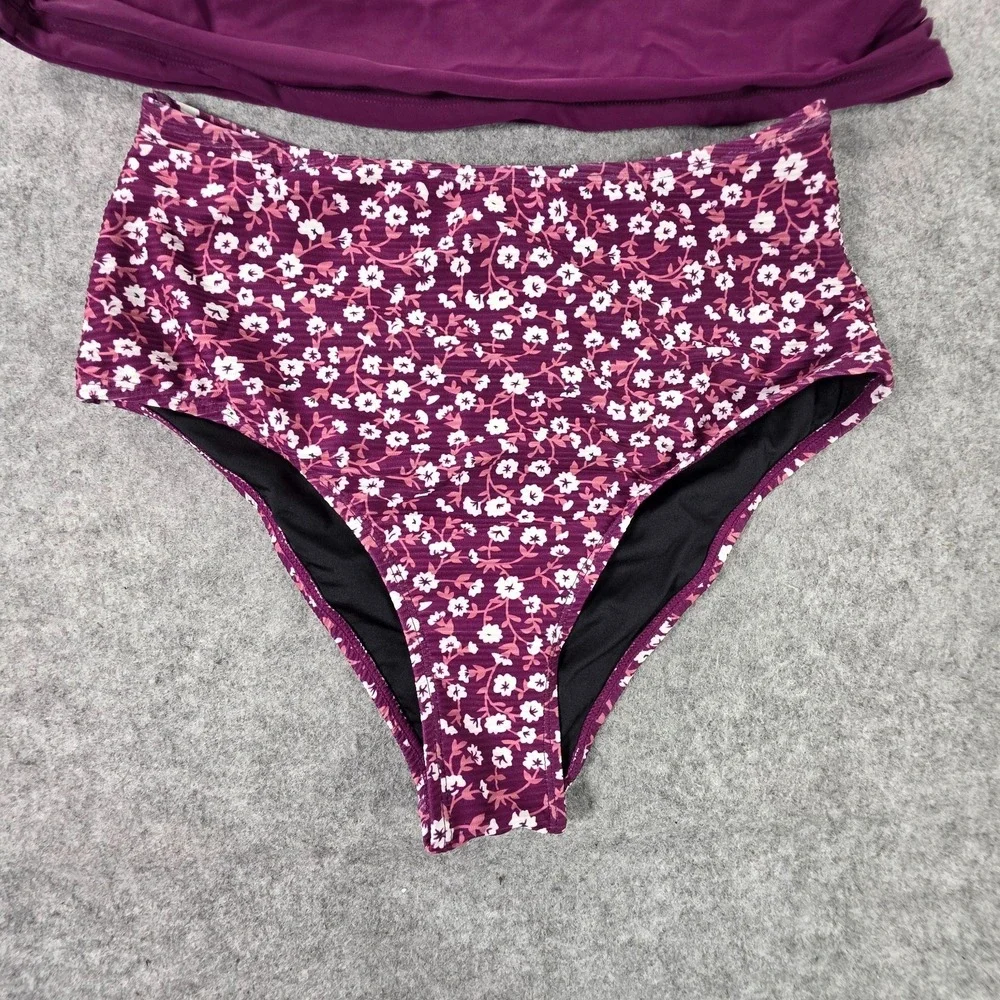 NWT Cupshe Cutout V-Neck Tankini Top Floral Plum Mid-Rise Bottoms Set Med